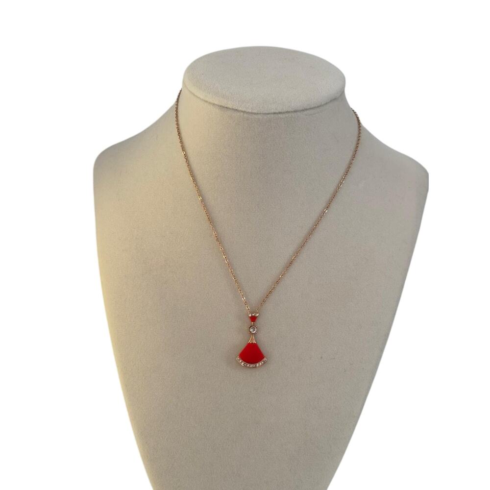 Red Fan Pendant Necklace Gold Tone Crystal Accent Statement Jewelry Women - Picture 3 of 6